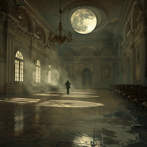 Explore an eerie ballroom with ghostly figures swaying to an ethereal waltz played by a haunting violin. The desolate atmosphere alongside the melancholic strings creates an unsettling yet beautiful spectral experience.