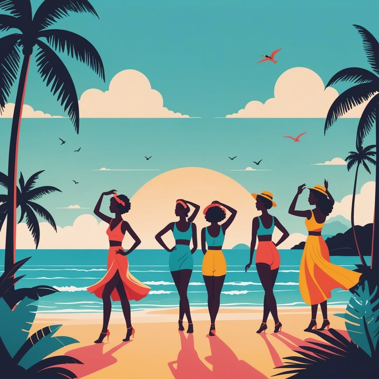 Imagine a festive scenario, as dancers gather under a brilliant sunset, moving rhythmically to a lively rumba beat that encapsulates the joyous end of a perfect day. The music, led by a dynamic marimba melody, is upbeat, making everyone feel like they are part of a joyful celebration at the beachside.