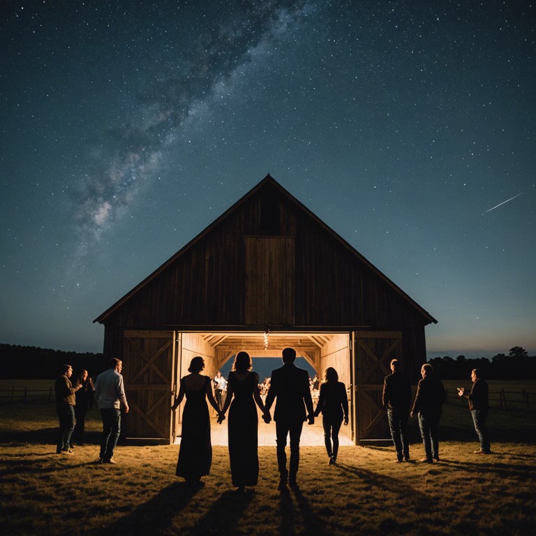 Under a moonlit sky, an old wooden barn serves as the venue for a night of deep connection and joyous escape. Here, the music isn't just heard; it's felt in the bones of all who attend, as the banjo leads a dance of shadows and light, crafting stories in every pluck and strum.