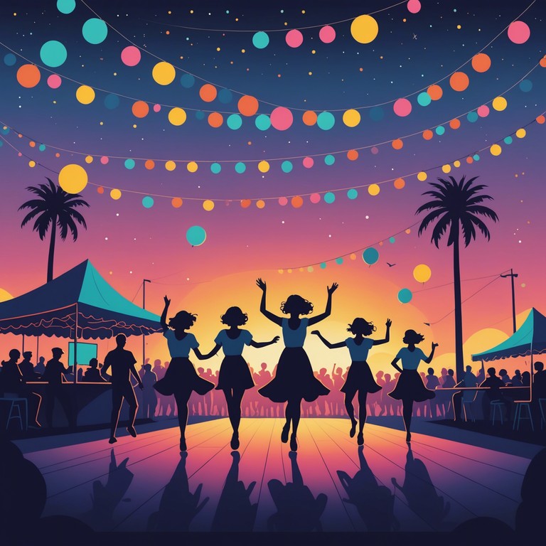 Dancing dusk delight reflects a joyful evening filled with dynamic salsa dancing and the exhilarating feel of a tropical night, aimed at lifting spirits and invigorating the soul.