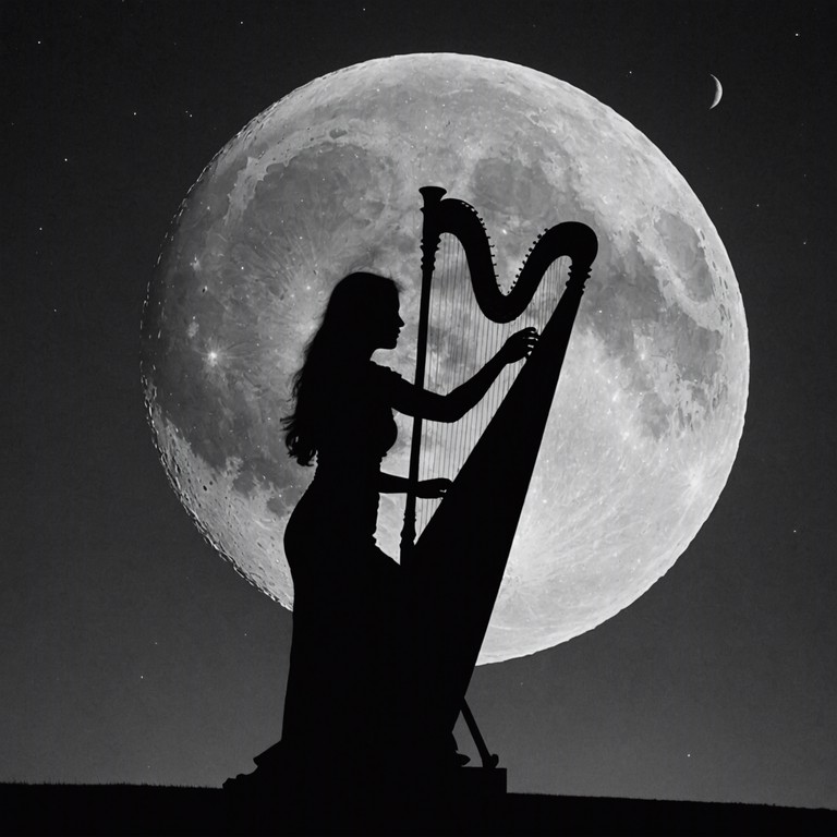 As the moon casts its silver light, a lone harpist coaxes out a melody that dances like light on water, resonating with both the beauty of the night and the solitude it brings.