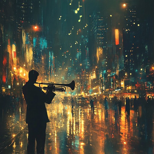 An upbeat instrumental track blending vibrant jazz horns with soulful melodies, capturing the essence of a bustling city alive with music and movement.