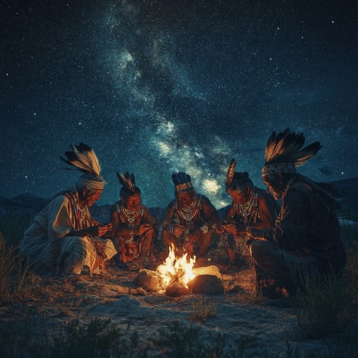 Deep in the secluded forest, under the vast night sky, a circle of tribal elders gathers around a flickering fire, their voices rising in ancient chants that echo the wisdom of generations. The rhythmic beating of drums blends with spiritual vocals, creating a powerful atmosphere of reverence and connection to nature.