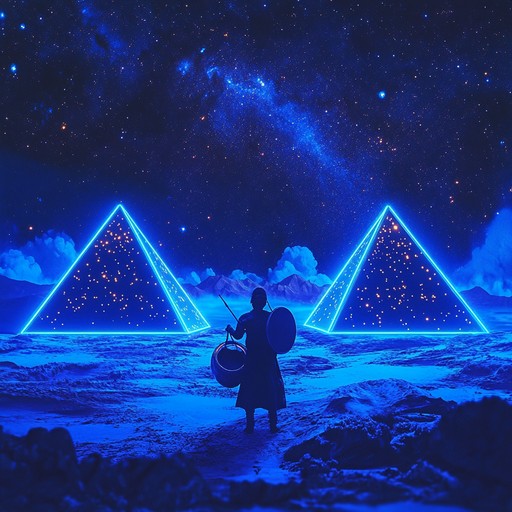 A mesmerizing blend of ambient dub and ancient egyptian melodies played on the hang drum, creating an otherworldly, sensual atmosphere that transports listeners to a futuristic desert under neon lit skies.