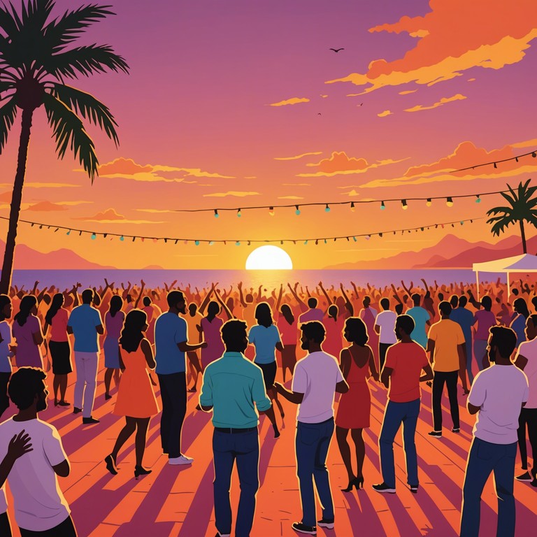 Imagine a lively street festival where dancers move passionately to the rhythm of salsa infused jazz as the sky transitions from blue to hues of orange and pink, capturing the essence of celebration and victory at the end of the day.