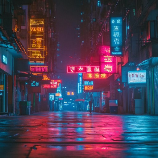 An instrumental synthwave track capturing the feeling of loneliness and nostalgia while wandering alone through empty city streets illuminated by flickering neon lights.