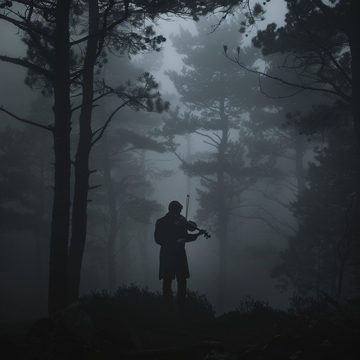 Delve into an ambient soundscape where a darkened forest whispers its secrets. Violin melodies weave through shadows, creating a haunting yet entrancing sense of eerie mystery and surreal beauty.