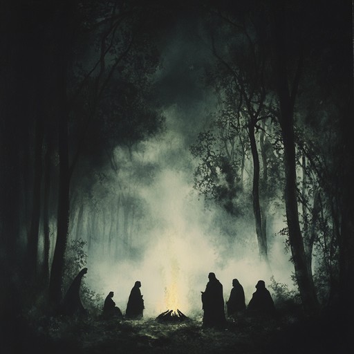 A haunting instrumental track that blends ominous melodies with traditional ethnic percussion, evoking the atmosphere of a clandestine ritual in a remote, ancient land.