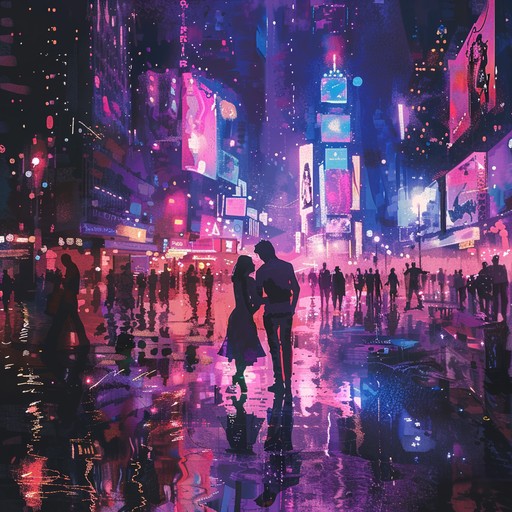 A spirited blend of groovy urban beats intertwined with a whimsical waltz rhythm. The composition features eclectic elements from the cityscape, creating a compelling contrast between classical form and modern groove. Picture neon lights reflecting on wet pavements, people twirling to an unconventional yet entrancing beat, creating an evocative urban narrative.