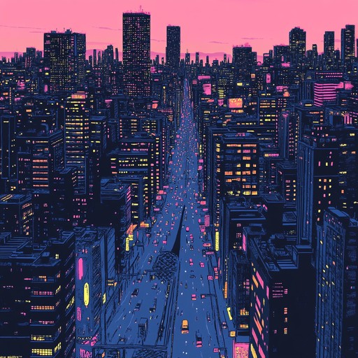 A soundscape that captures the essence of city life at night. The composition intertwines the rhythmic echoes of urban spaces with the mysterious, almost spectral ambiance that descends after dark. Deep, echoing drum beats mimic the heartbeat of the city while shadowy synths play in the background, crafting an auditory illusion of walking through the bustling, neon lit streets.