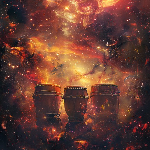 Traditional afro cuban drumming intertwined with celestial synths, invoking cosmic mysteries