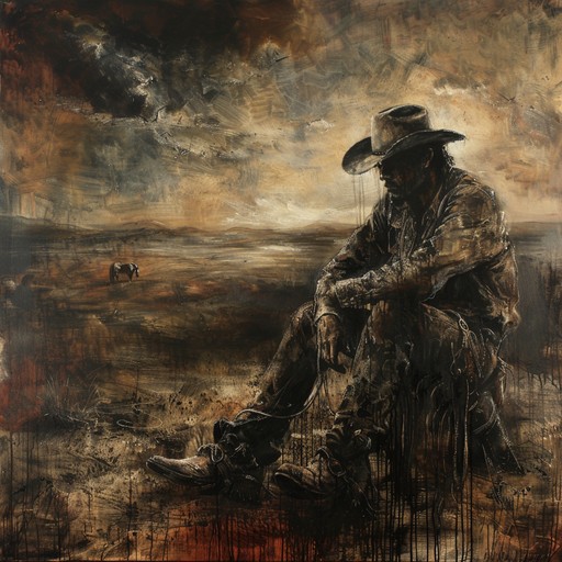 A sorrowful and introspective instrumental country song, featuring a lonely cowboy riding across the open plains at sunset, reflecting on lost love and the hardships of life on the frontier. The melancholic melody is carried by the plaintive cry of a fiddle, accompanied by the gentle strumming of an acoustic guitar and the haunting whistle of a harmonica.