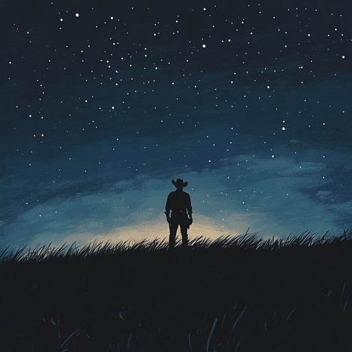 A tender composition capturing the soul of open prairies with soothing guitar and subtle harmonica, evoking a romantic cowboy's evening serenade under a starlit sky