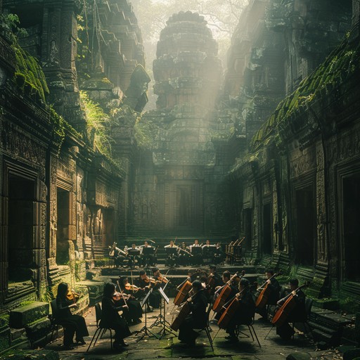 A captivating musical piece blending the grandeur of classical symphony with the mystique of ancient exotic chants. The profound harmonies of strings and winds evoke a timeless journey through forgotten temples and lush landscapes, capturing the spirit of bygone eras. The piece enchants with its intricate arrangements and subtle cultural references, inviting listeners to explore the past.