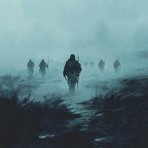 An eerie instrumental march with ghostly snare drums, conjuring images of spectral armies drifting across eerie, desolate battlefields. The piece juxtaposes traditional military rhythms with haunting, spectral sounds to create a deeply unsettling, otherworldly mood.