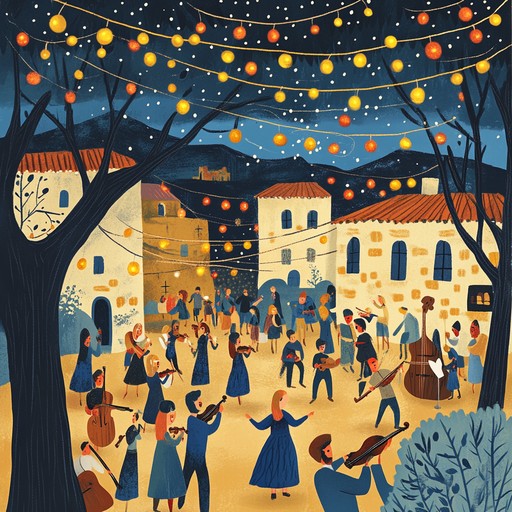 A lively and playful instrumental klezmer piece featuring spirited clarinet and violin melodies, capturing the joy and whimsy of a festive village dance under the stars.