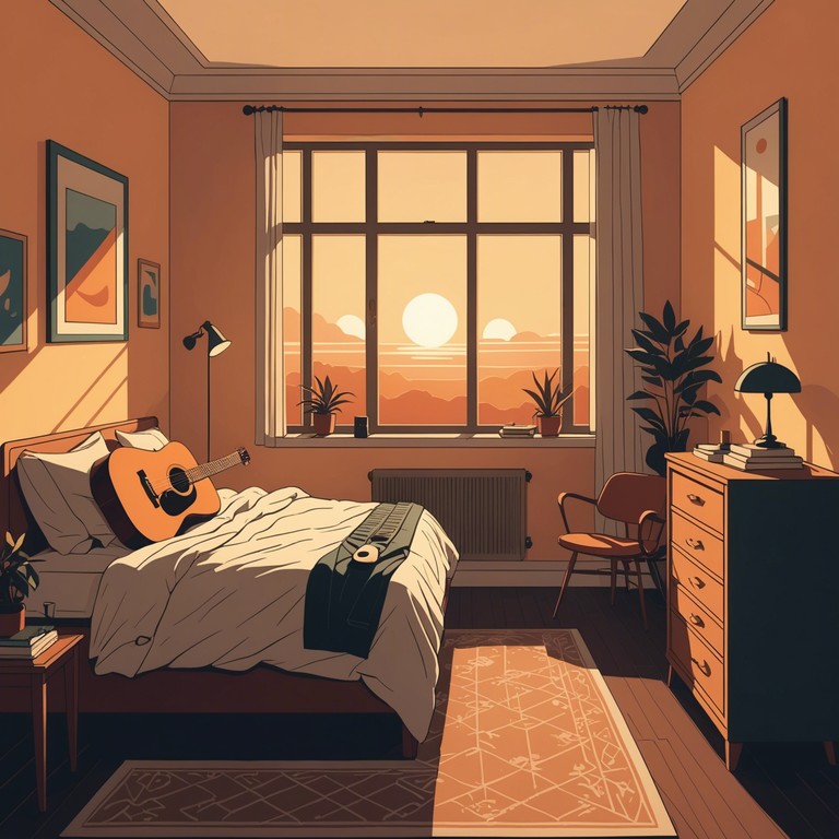 As dawn breaks, gentle strums of an acoustic guitar start a day with promises of peace and positivity, offering a musical embrace that complements the tranquil atmosphere of an early morning bedroom bathed in warm, golden light.