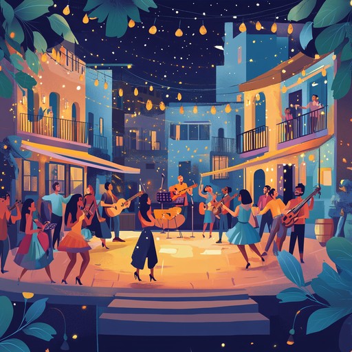 Imagine wandering through the heart of the city as you stumble upon a spontaneous street party. The sounds of an electric guitar paired with a funk band fill the air, drawing people together in a celebration of music and dance under the gleaming neon lights.