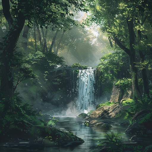 Soft ambient tones replicating the serene sounds of a waterfall deep in a peaceful forest, bringing calm and tranquility