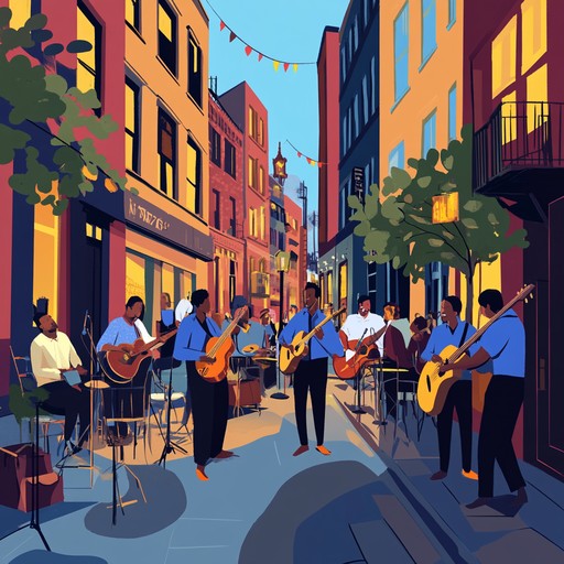 An upbeat instrumental blues song featuring energetic guitar solos, dynamic rhythms, and a cheerful vibe that captures the spirit of a festive street party. The music blends traditional blues elements with a playful twist, inviting listeners to dance and enjoy the moment.