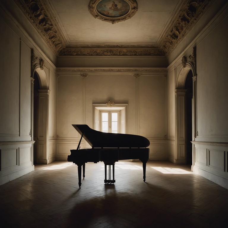 A lone harpsichord plays in an ancient hall, surrounded by the heavy air of history and suspense, where every note tells a story shrouded in shadow.