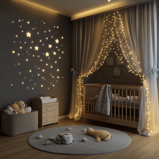 A soft piano plays a delicate melody that mimics twinkling stars, providing a serene and calming backdrop perfect for a peaceful nighttime environment.