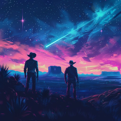 Envision a futuristic cowboy serenading under the stars of a new frontier, where the classic sounds of country are interwoven with cutting edge electronic textures. The music should create a sense of the past colliding with the future, perfect for a modern space western.