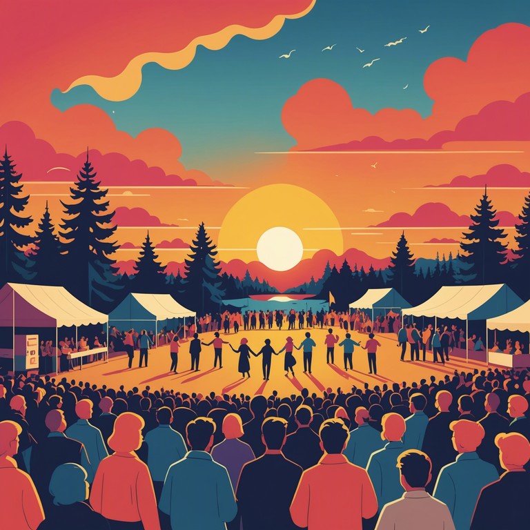 This lively suomipop track combines an energetic rhythm with the tranquil and scenic motifs of a midnight sun in finland, reflecting both the vivacity and the quiet beauty of nordic summers. The music paints a picture of joyous dance celebrations under the golden glow of a sun that never sets, featuring a blend of traditional finnish elements with modern pop sensibilities.