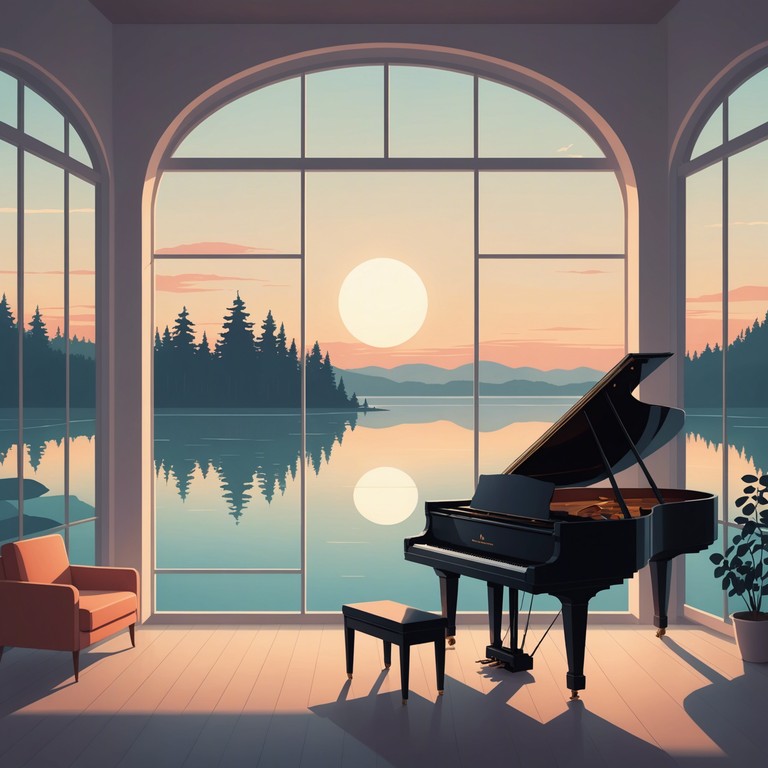 Imagine a serene scene where the gentle notes of a piano bring feelings of uplifting triumph, softly resonating in a space filled with reflective solitude, celebrating quiet accomplishments without the need for grandeur.