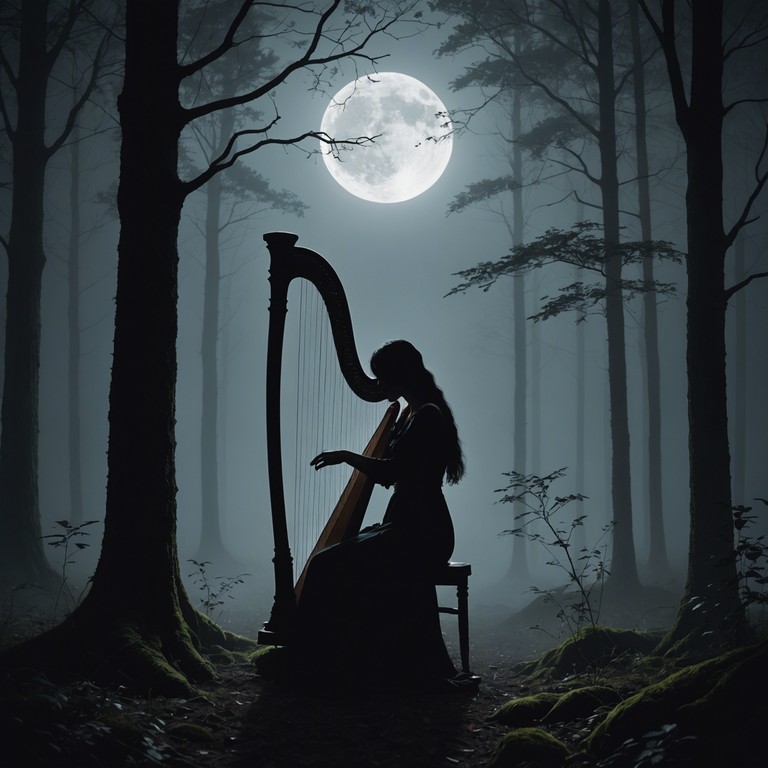 A solo harp establishes a haunting soundscape, as soft, slow melodies emerge like whispers floating across a moonlit, fog covered landscape. The music evolves with minimalistic intensity, evoking a sense of eeriness and forgotten tales whispered through the strings.