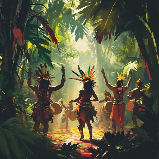 Experience the vibrant blend of pulsating percussive rhythms within a lively tribal setting, capturing the essence of a frenzied, joyful dance under the canopy of the jungle.