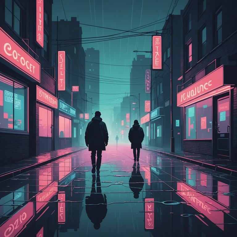 Explore the soundscapes of a neon lit metropolis under rain, capturing its complex personality with echoing beats and a dense melodic composition that envelops the listener in a dark, mysterious, and paradoxically energetic vibe. It's perfect for invoking images of shadowy characters and towering skyscrapers shrouded in mist.