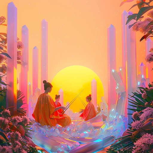 An elegant instrumental capturing the beauty of a sunrise with shimmering exotic j pop elements. Intricate melodies intertwined with vibrant, cultural instruments create a unique auditory paradise.