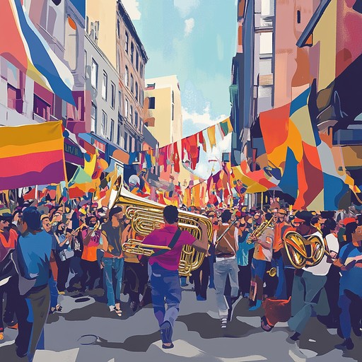 A lively, jubilant composition featuring an energetic brass band, evoking the essence of a bustling carnival with vivid colors and dramatic flair. The track is designed to accompany a theatrical showdown, filled with playful competitiveness and festive excitement. The syncopated rhythms and bold brass sections drive the piece, ensuring an upbeat, rousing experience. It has strong influences from street performances and classic show tunes, blending seamlessly with the theatrical atmosphere.