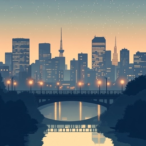 An instrumental piece that captures the calm and serene atmosphere of tokyo's cityscape during a peaceful evening, blending gentle melodies with modern j pop elements to create a soothing auditory experience.