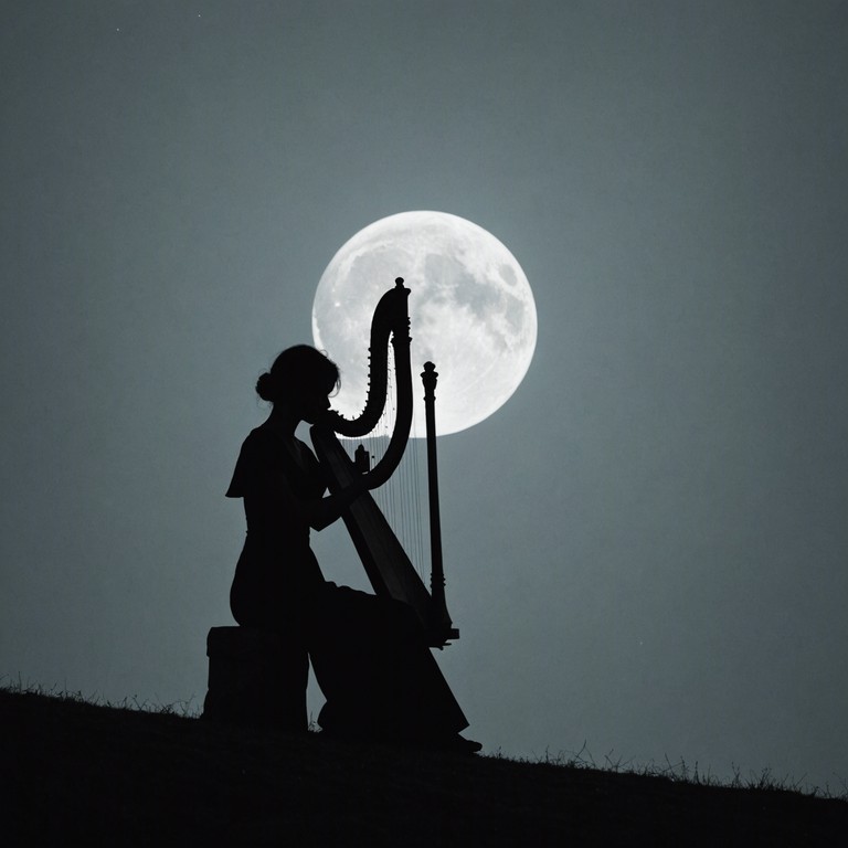 In the heart of a misty forest at night, a solitary harp player conjures ethereal sounds that echo the stories of ancient times and hidden secrets beneath the moon's watchful eyes.