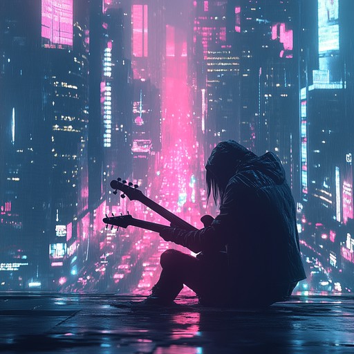 An instrumental composition that merges traditional blues guitar melodies with futuristic electronic synths and beats, creating a soundscape that evokes feelings of nostalgia and anticipation for the future.