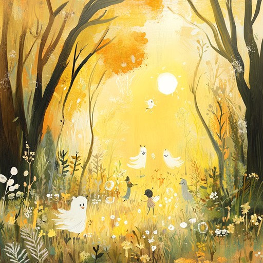 Imagine a magical forest glade where woodland creatures come to life, dancing in perfect harmony to a soothing ambient melody filled with playful and gentle sounds. The air is filled with a sense of wonder and joy as each creature moves with grace and delight.