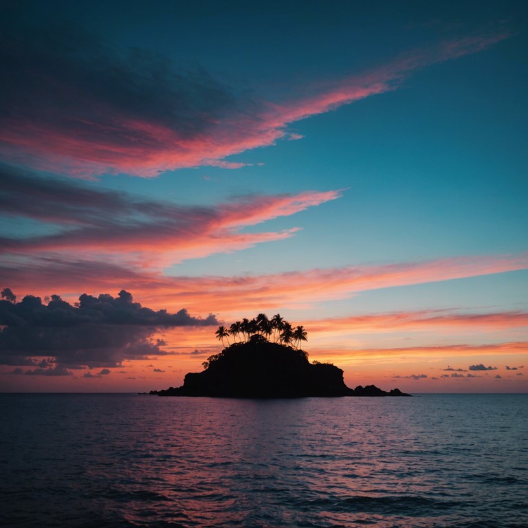 In an alternate long description, 'evening's secret whisper' is a musical metaphor for the hidden stories and mysteries that unfold as the sun sets on a seemingly peaceful island. The steel drum leads a progressively intense rhythm, reflecting the rising tension and complexity of emotions entangling the listener's imagination.