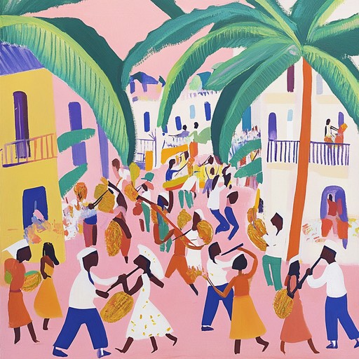 Vibrant cumbia rhythms with dynamic brass sections encapsulate a lively street celebration, featuring infectious melodies that propel listeners into a festive dance frenzy. The intricate percussion adds an unstoppable energy, while the brass leads the charge, creating an unforgettable, joyous party atmosphere.