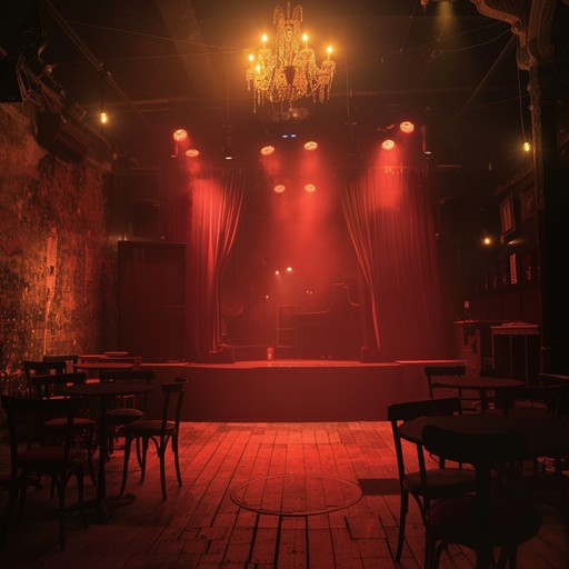 An unsettling blend of haunting piano with cabaret rhythm, creating an eerie yet captivating vibe. Dimly lit, smoky backroom atmosphere adds to the ghostly allure. Perfect for a night of mysterious performances.