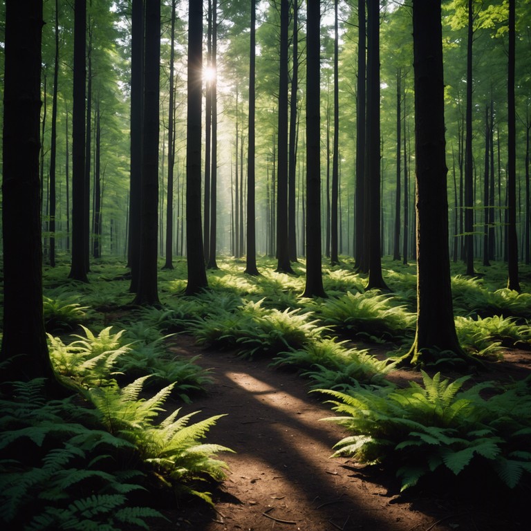 An instrumental track that combines calming flute music with the sounds of nature to create a peaceful, meditative experience ideal for stress relief and mental clarity. Peering through the branches, dappled light paints the forest floor.