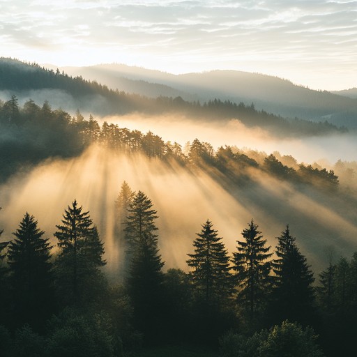 An orchestral composition capturing the serene beauty of a mountain morning. The gentle rise of the sun through the mist, the chirping of birds, and the rustle of leaves in the wind are all portrayed with sweeping strings, delicate woodwinds, and soft brass. Light orchestral percussion adds subtle dynamics, while a solo flute weaves through the melody like a gentle breeze, creating an immersive and peaceful experience.