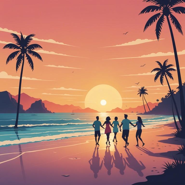 Imagine a bustling beach scene as the sun sets, casting long shadows and bathing everyone in a warm golden light. People dance freely, their forms silhouetted against the orange sky. The music, an energetic mambo beat, captures this vibrant scene with each note played on the trumpet, encouraging dancers to move with spirited dynamism.