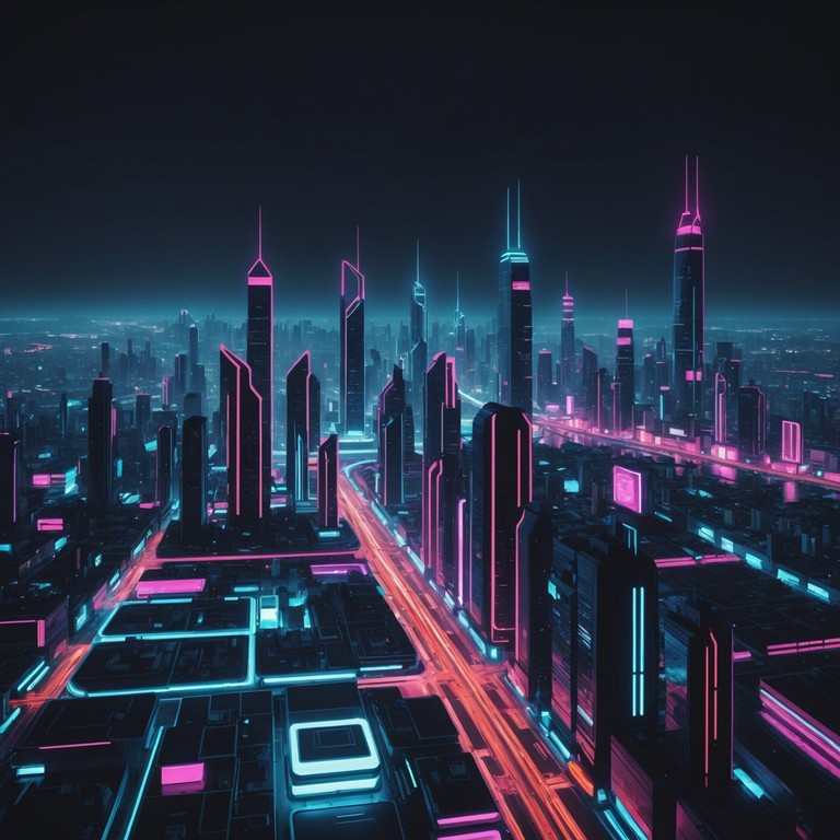 A high energy instrumental track capturing the vibrant pulse of a futuristic city. Synthesized melodies intertwine, evoking the rapid heartbeat of urban life in a cybernetic world. The music reflects both the awe and isolation of a society intertwined with technology, with powerful electronic beats and sweeping synth lines that paint a picture of towering skyscrapers and neon skies.