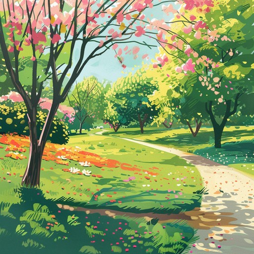 Imagine a bright, sunny afternoon in the park, where you casually stroll down pathways lined with blooming flowers and towering trees. The air is fresh and filled with the chirping of birds, and the whole scene is bathed in a warm, golden light. This instrumental piece aims to capture that serene and joyful atmosphere, making it ideal for easy listening or background music during leisure activities.