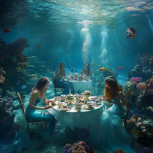 Imagine a relaxed, whimsical tea party under the sea with mermaids gracefully swimming about. Gentle waves lap against coral reefs as playful fish dart between elegantly set tables adorned with seaweed and seashells. The music captures the serenity and novelty of this underwater gathering, blending soothing tunes with playful, aquatic sound elements to create a tranquil yet enchanting atmosphere.