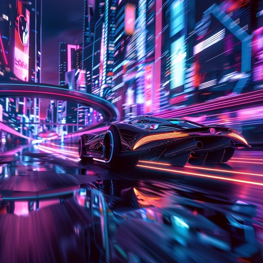 An epic journey through a neon lit cyber cityscape, driven by powerful synths and pulsing beats. Imagine racing through digital highways, with glowing lights and towering skyscrapers framing your path. The track builds intensity as layers of synthesizers and dynamic rhythms propel the listener towards a climactic embrace of the city's electric splendor.