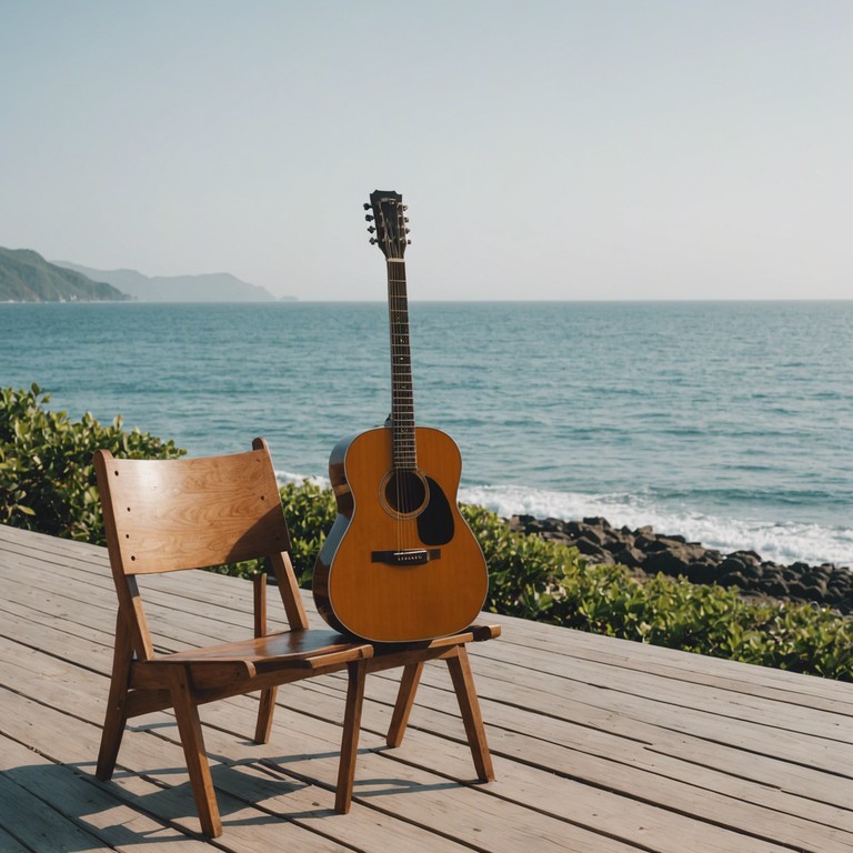 Evening waves whisper captures the soul soothing sounds of bossa nova as the sun dips below the horizon, casting a golden glow and a promise of peaceful evenings by the seaside. The track's delicate use of acoustic guitar underscores a narrative of tranquility and warmth.