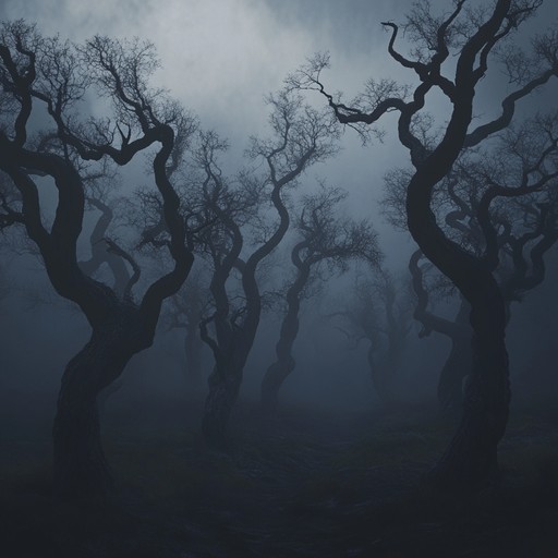 A deeply unnerving folk composition that incorporates eerie forest ambiance, featuring melodies played on traditional string instruments. This track should evoke a chilling sense of foreboding and mystery, as if one were wandering through a haunted forest.